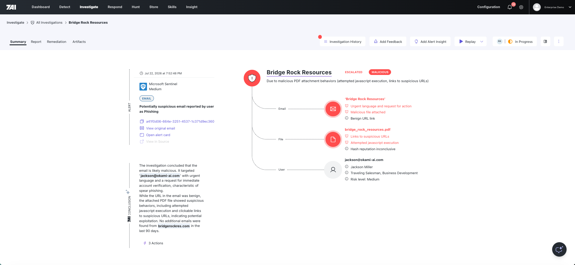 7AI investigation summary showing the determination and evidence