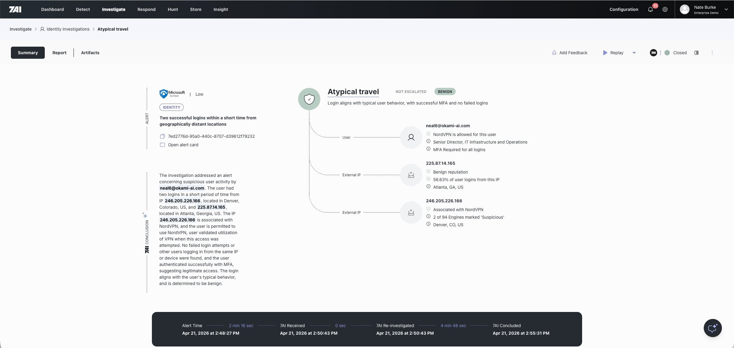 7AI investigation view showing Atypical Travel alert with reasoning trail, entity relationships, and resolution timeline